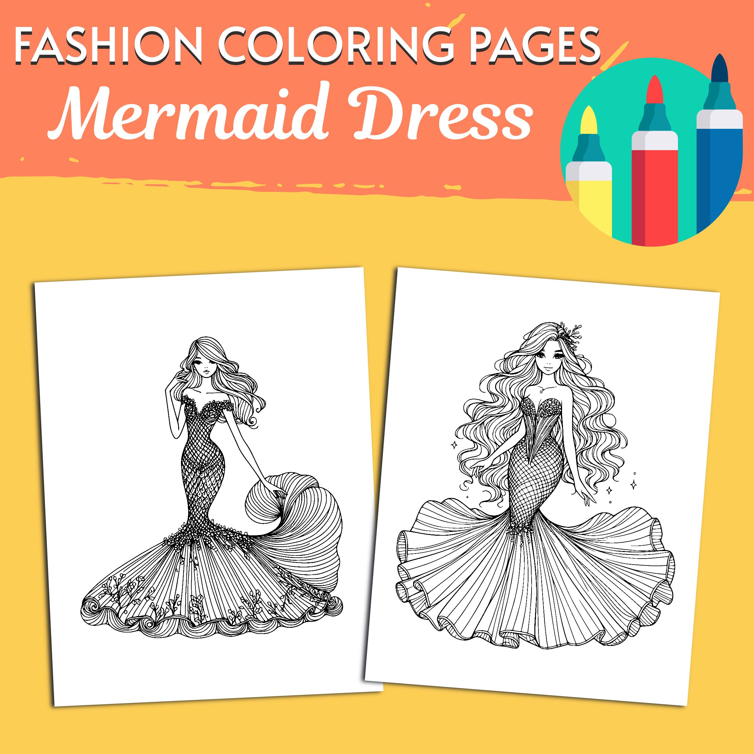 Mermaid Dress Coloring Pages, 10 Fashion Coloring Pages, Printable Girl