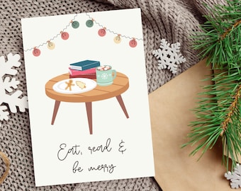 Kerstkaart Eat, Read & Be Merry leesgrage kerstkaart voor boekenliefhebbers