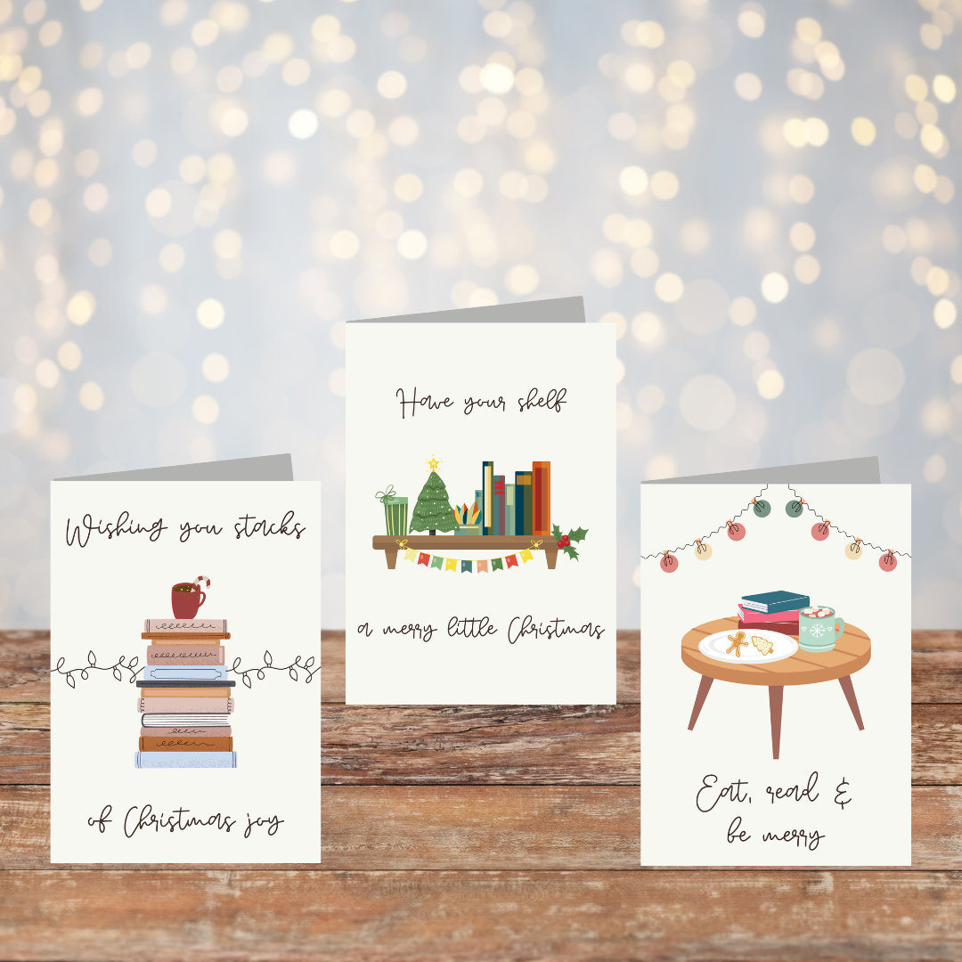 Kerstkaartenpakket Eat, Read & Be Merry, Have Your Shelf A Merry Little Christmas, Stacks of Joy leesgrage kerstkaart voor boekenliefhebbers