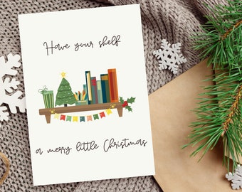 Kerstkaart Heb je plank een vrolijk kerstfeestje leesgrage kerstkaart voor boekenliefhebbers