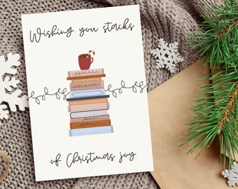 Kerstkaart: stapels kerstvreugde, leesgrage kerstkaart voor boekenliefhebbers