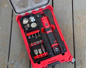 May include: Red tool case with a red and black rotary tool and various attachments. The case has a label that says "M12 DIE GRINDER".