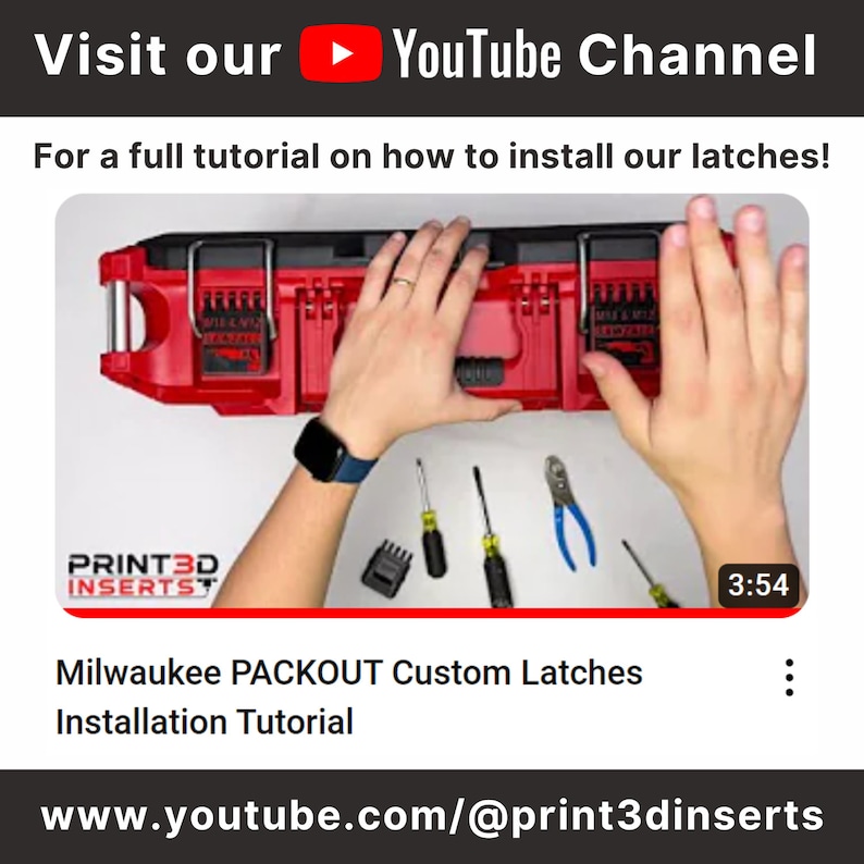 Op de afbeelding: Een rode Milwaukee PACKOUT gereedschapskist met aangepaste vergrendelingen die worden ge&iuml;nstalleerd. De video-tutorial is beschikbaar op YouTube op www.youtube.com/@print3dinserts.