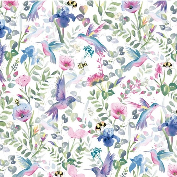 Tissu en coton Spring Blossoms - Vendu par yards : colibris, abeilles, délices floraux