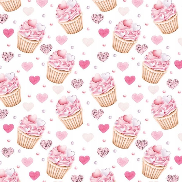 Tissu en coton cupcake rose par cour - Impression de dessert de boulangerie sucrée pour le quilting, l’artisanat et la couture - Tissu en coton cupcake rose mignon