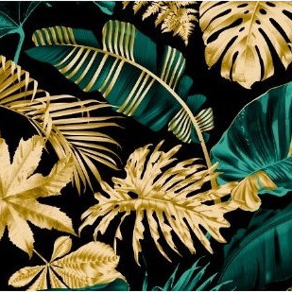 Green and Gold Banana Leaf and Fern Cotton Fabric - Elegant Glamorous Floral Material for Modern Space