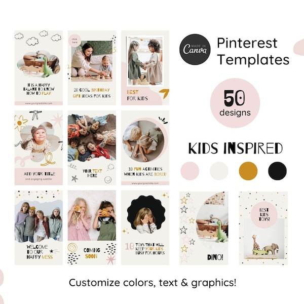 50 Pinterest templates  for Kids inspired business, Pinterest pins, Canva templates, Pinterest marketing.