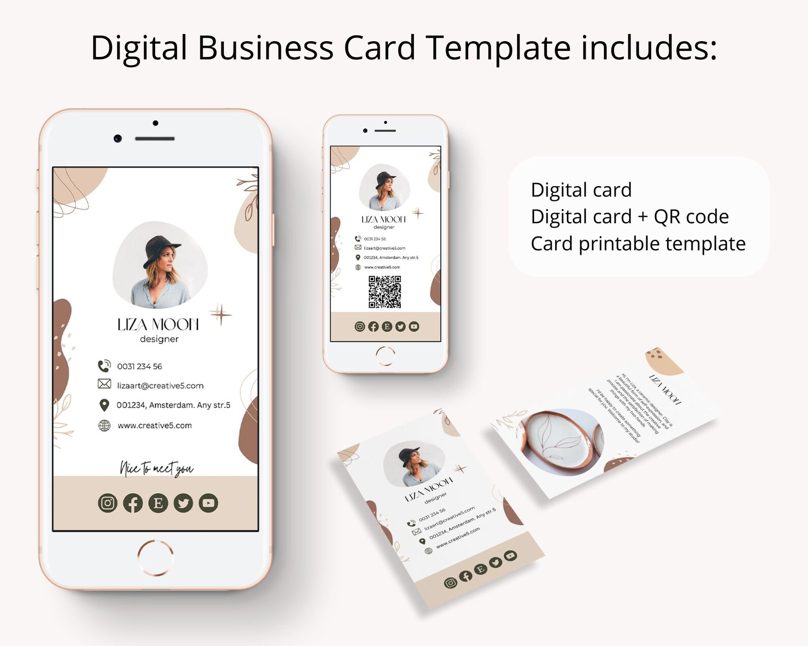 Boho Business Card Canva With QR Code, Digital Template Modern Business ...