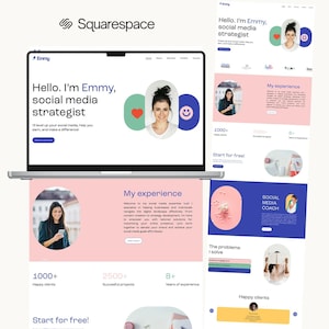 May include: A laptop displaying a Squarespace website for a social media strategist named Emmy. The site features a hero section with a portrait, a pink-toned experience section, and statistics including 1000+ happy clients and 8+ years of experience.