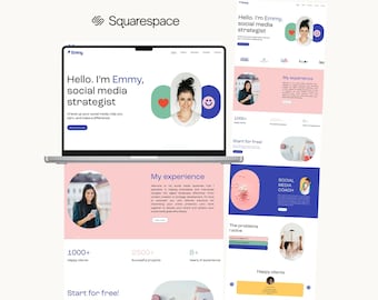 Op de afbeelding: Een laptop met een Squarespace-website voor een social media strateeg genaamd Emmy. De site bevat een hero-sectie met een portret, een roze gekleurde ervaringssectie en statistieken waaronder 1000+ tevreden klanten en 8+ jaar ervaring.