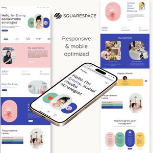 Modèle de site Web Squarespace 7.1 pour spécialiste du marketing sur les réseaux sociaux, coach, assistant virtuel, agence de marketing, cours de vente pour blogueurs.