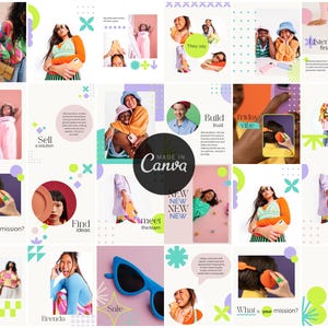 May include: A collage of images with a bright, modern aesthetic. The images feature people, products, and text elements, including the phrase "MADE IN CANVA." The color palette includes orange, purple, green, and blue.