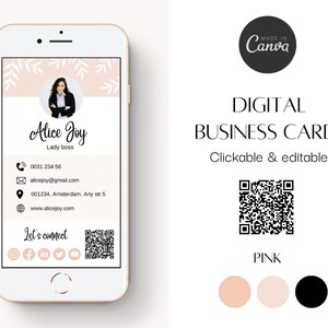 Rosa Visitenkarte Canva bearbeitbare digitale Visitenkarte, QR-Code-Karte für kleine Unternehmen, süße & elegante benutzerdefinierte Visitenkartenvorlage