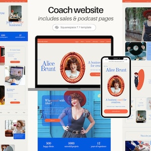 May include: A website template for a coach, displayed on a laptop and smartphone. The design features an orange and blue color scheme with the text "Coach website includes sales & podcast pages". The website showcases images and text.