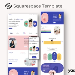 May include: A website template for a social media coach. The template features a blue and pink colour scheme with a photo of a woman smiling. The text on the website says "Hello. I'm Emmy, social media strategist".
