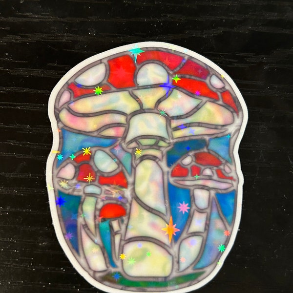 2.5in Stained glass style mushroom sticker, water resistant with holographic overlay, mushroom core,cottagecore