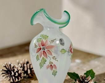 Fenton Hand White Iridescent Glass Vase w/ Green Crest Red Poinsettias-Signed