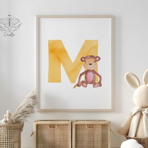 Letra M del alfabeto en acuarela Arte hermoso Impresión del alfabeto Pastel Decoración de pared Descarga digital instantánea Arte de pared del alfabeto de animales