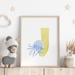Aquarell Alphabet Buchstabe J Kunst Schöne Alphabet Druck Pastell Wand Kunst Dekor Sofortiger digitaler Download Tier Alphabet Wandkunst