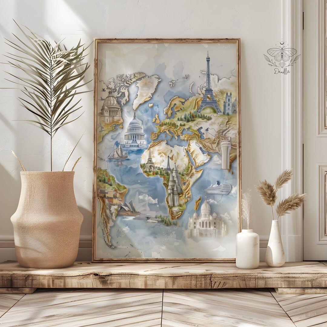 Watercolor World Map Wall Art Famous Landmarks Map Digital Download ...