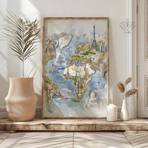 Watercolor World Map Wall Art Famous Landmarks Map Digital Download Travel Themed Home Decor Bedroom Living Room Kids Room & Nursery Art