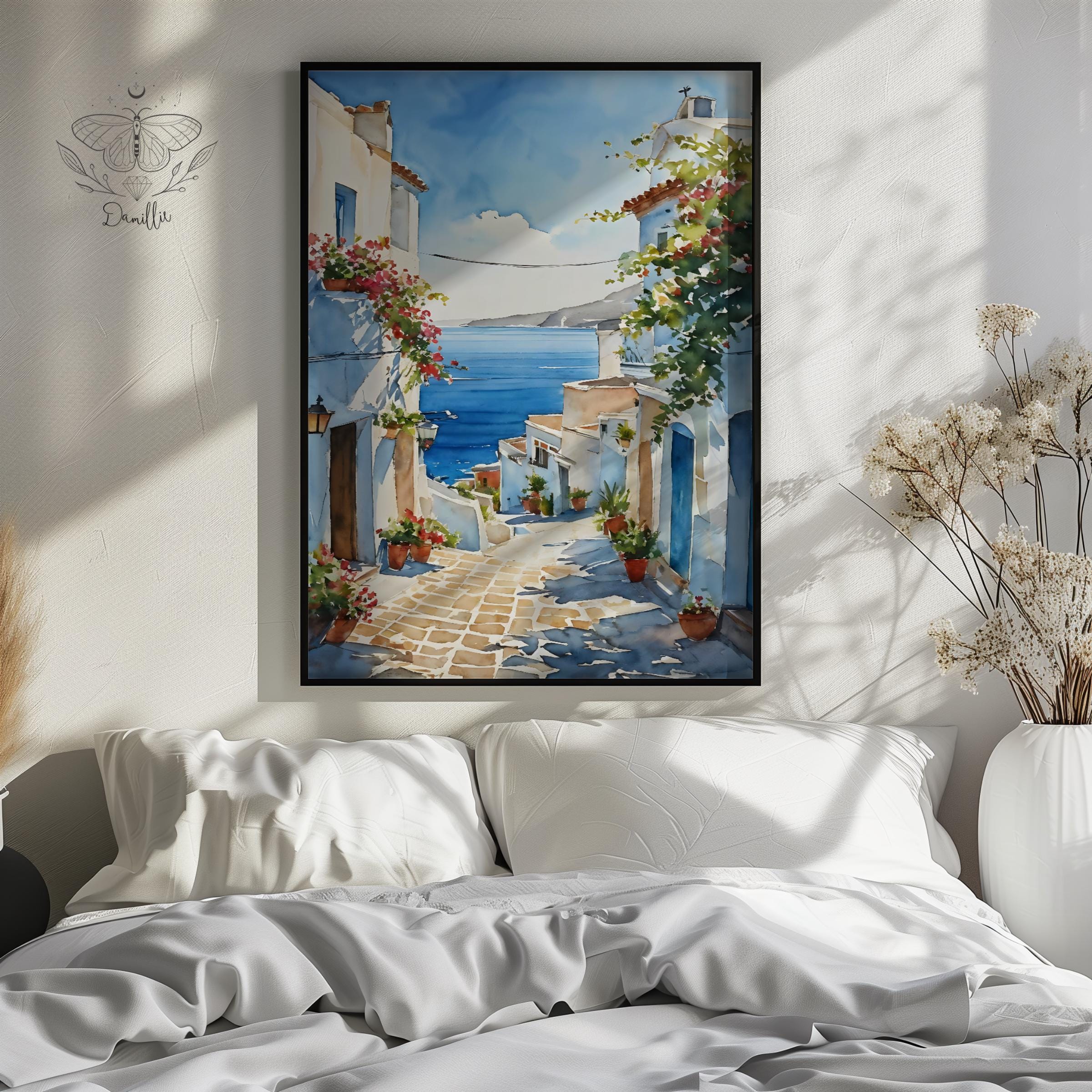 Greek Island Street View Mediterranean Coastal Wall Art Blue Ocean ...