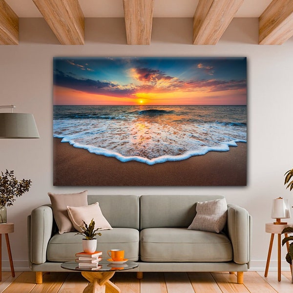Ocean beach canvas print Sunset wall art Sunrise Large canvas art Sea Beach wall decor Ocean canvas print