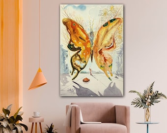 May include: A surrealist painting of a large butterfly with yellow, orange, and brown wings. The butterfly is depicted in a landscape with a small figure in the distance.