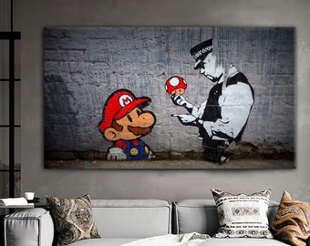 Super Mario Graffiti Printed, Super Mario Artwork, Super Mario Banksy Printed, Mario Graffiti Wall Decor, Abstract Wall Art,
