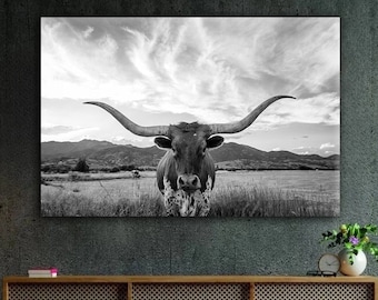 Longhorn cow canvas Texas longhorn art Longhorn canvas print Farmhouse decor Wild west Longhorn wall decor