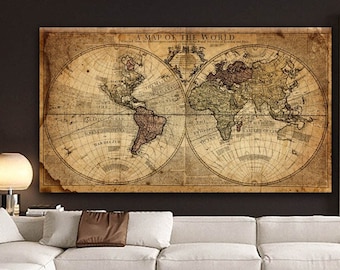 Arte en lienzo de mapa del mundo vintage, mapa del viejo mundo, lienzo de arte de mapa del viejo mundo, arte en lienzo de mapa vintage, arte en lienzo de mapa antiguo, listo para colgar
