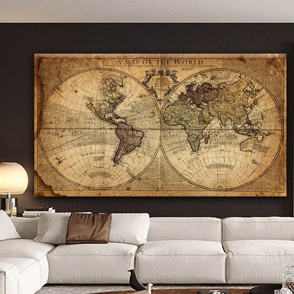 Vintage World Map Canvas Art, Old World Map, Old World Map Art Canvas, Vintage Map Canvas Art, Old Map Canvas Art, Ready to Hang