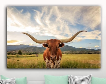 Texas Longhorn canvas wall art Cow print Farmhouse wall art Animal Southwestern decor Texas Longhorn canvas print Large canvas art