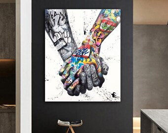 Paar hand in hand Graffiti schilderij, liefhebbers hand in hand Art Canvas, liefhebbers hand in hand muur Decor, paar cadeau canvas kunst,