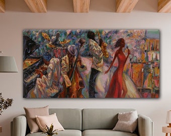 Abstracte jazzmuziek kunst aan de muur, Afro-Amerikaanse kunst, grote canvas kunst aan de muur, moderne kunst, eetkamer decor, muzikant saxofoon klaar om op te hangen