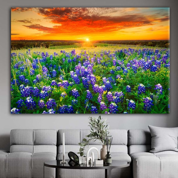Texas Bluebonnet Field Multiple Sizes Canvas Sunset Wall Decor Flowers Art for Living Room, Ready To Hang