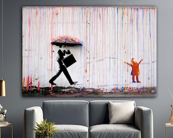 Banksy Color Rain Canvas, Banksy Style, Under The Rain Banksy, Banksy Rain Wall Decor, Banksy Graffiti Art, Banksy Colorful Rain Wall Art,