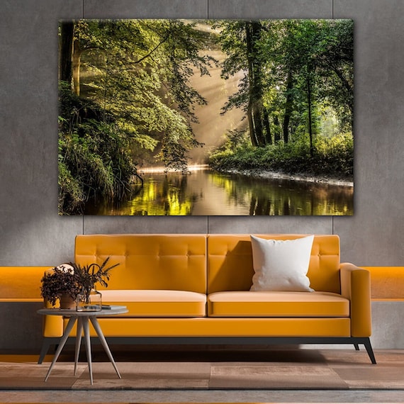 Forest Wall Art Canvas, Forest Tree Art Prints, Forest River Painting, Nature Wall Art, Living Room Sun Forest Prints, Extra Large Wall Art