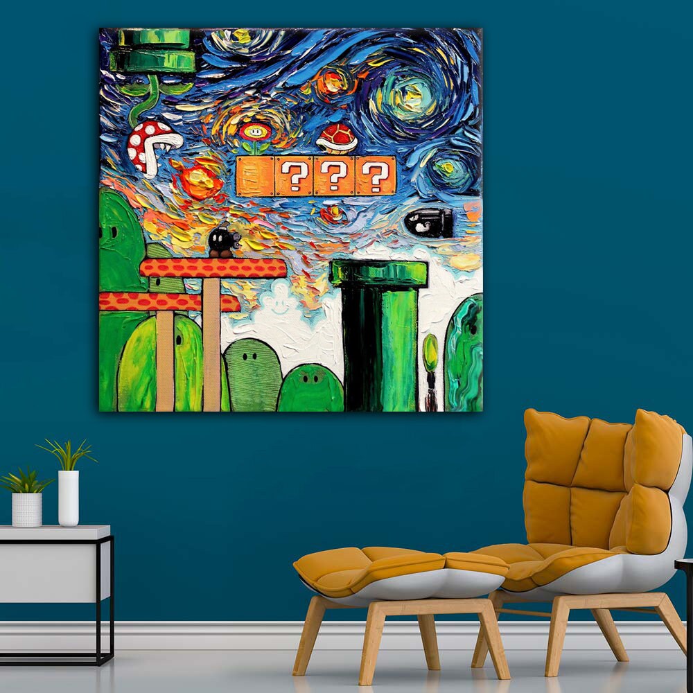 Van Gogh Style Mario Painting, Super Mario Wall Art, Mario World Wall Art, Abstract Art Canvas