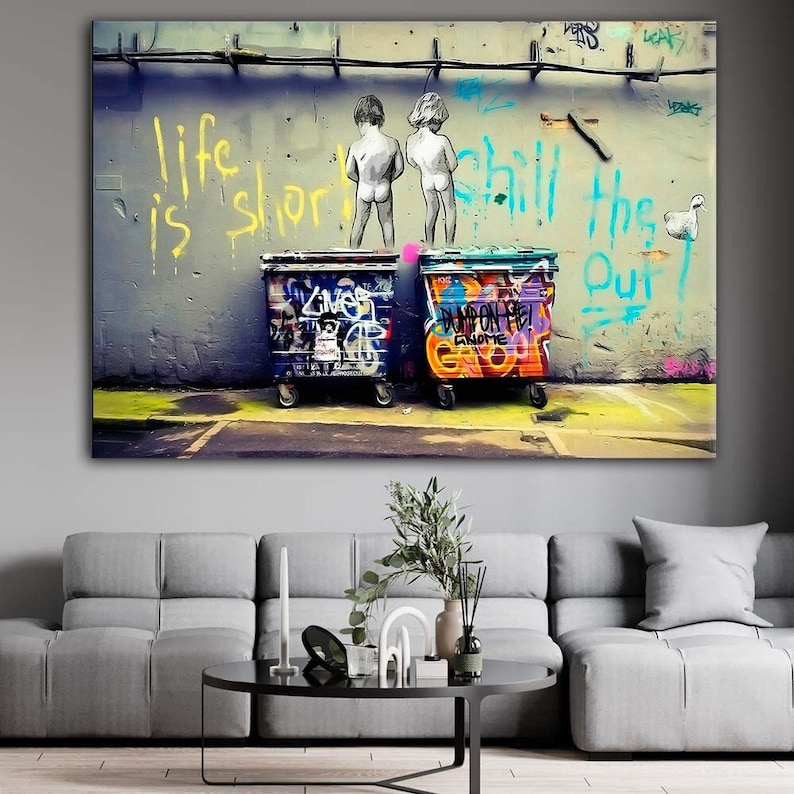Quadro Su Tela Incorniciato ARTSPRINTS Banksy Kids Life Is Short | 50x40 Cm Con Cornice In Legno 18 Mm | Stampa Artistica Pronta Da Appendere - 2