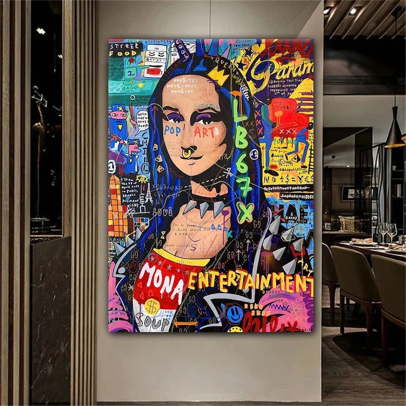 BANKSY MONA LISA Pop Art Mona Lisa Print Framed Mona Lisa Wall Art Pop Art Large Famous Painting Leonardo Da Vinci Art Graffiti Wall Art
