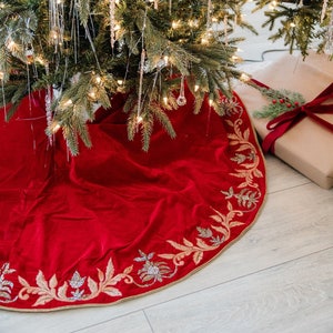 Standard Size Red velvet gold embroidered tree skirt Christmas Holiday gift