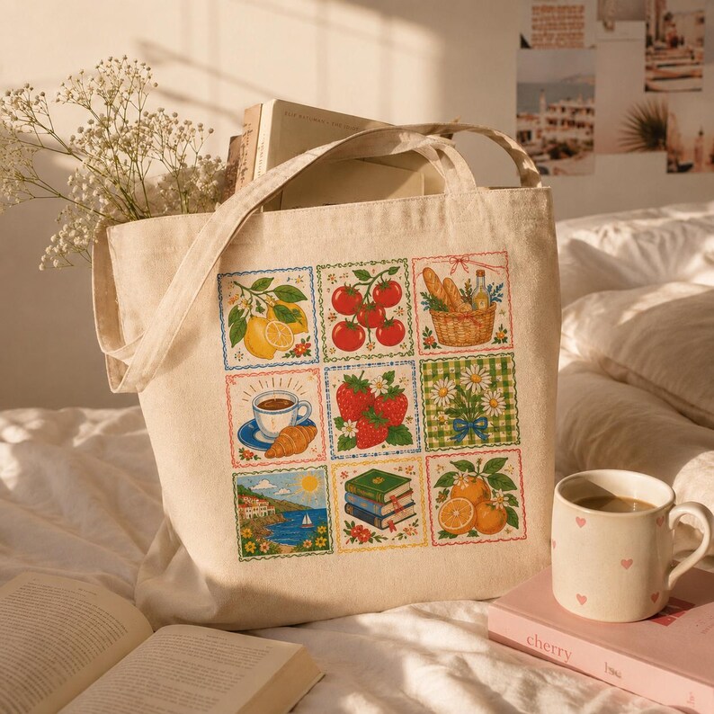 Mediterranean Tote Bag | Italian Summer Canvas Tote | Amalfi Coast Fruit Print | European Vacation Gift for Her