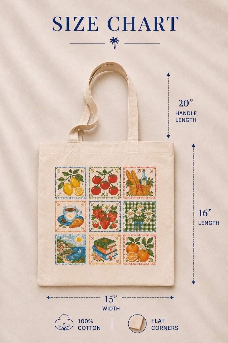 May include: A beige cotton tote bag featuring a grid of nine colorful illustrations including lemons, tomatoes, bread, coffee, strawberries, flowers, a coastal scene, books, and oranges. Dimensions are 15 inches wide, 16 inches long, with 20-inch handles.