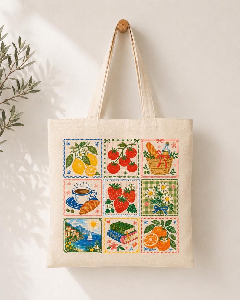 May include: Cream-colored tote bag featuring nine square illustrations of Mediterranean Tote Bag | Italian Summer Canvas Tote | Amalfi Coast Fruit Print | European Vacation Gift for Her