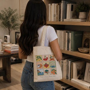 May include: A cream-colored canvas tote bag featuring a grid of nine colorful illustrations resembling postage stamps, including lemons, cherries, a picnic basket, coffee, strawberries, flowers, a coastal scene, books, and oranges, with the text Penelope's Summer Vacation 2026.