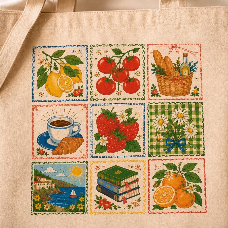 Mediterranean Tote Bag | Italian Summer Canvas Tote | Amalfi Coast Fruit Print | European Vacation Gift for Her