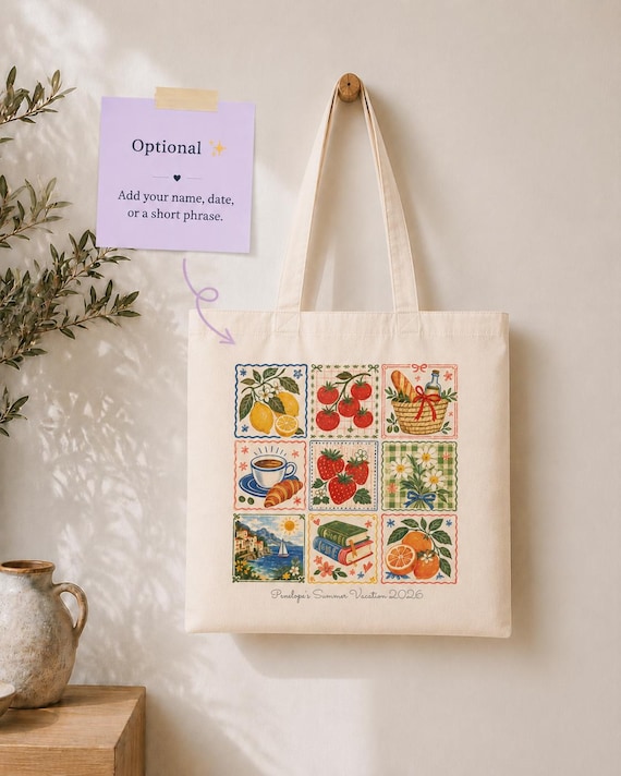 Custom Mediterranean Tote Bag | Italian Summer Canvas Tote | Amalfi Coast Fruit Print | European Vacation Gift for Her,Personalize tote bag