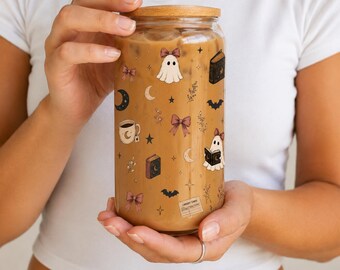 Ghost Reading Book Glass Cup, Bookish Halloween 16oz Iced Coffee Tumbler, Librarian Gift