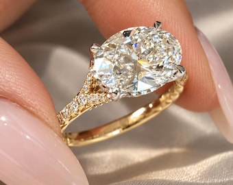3.5 CT Oval Cut Moissanite Engagement Ring, Vintage Yellow Gold Bridal Ring, Diamond Accent Band, Floral Filigree Promise Ring for Her